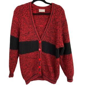 Vintage 90s Womens S Red & Black Relaxed Chunky Knit Cardigan Academia Preppy